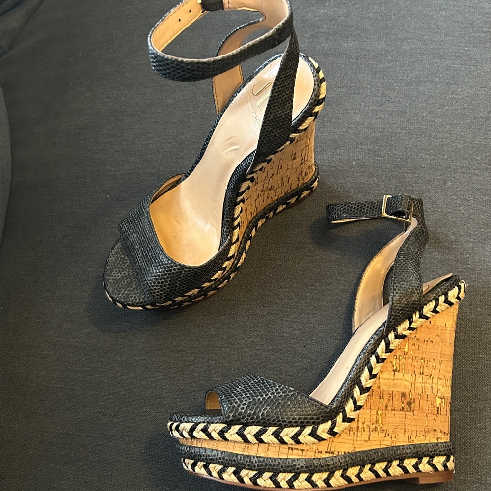 Jennifer Lopez Navy Blue Textured Ankle-Strap Espadrille Wedges
